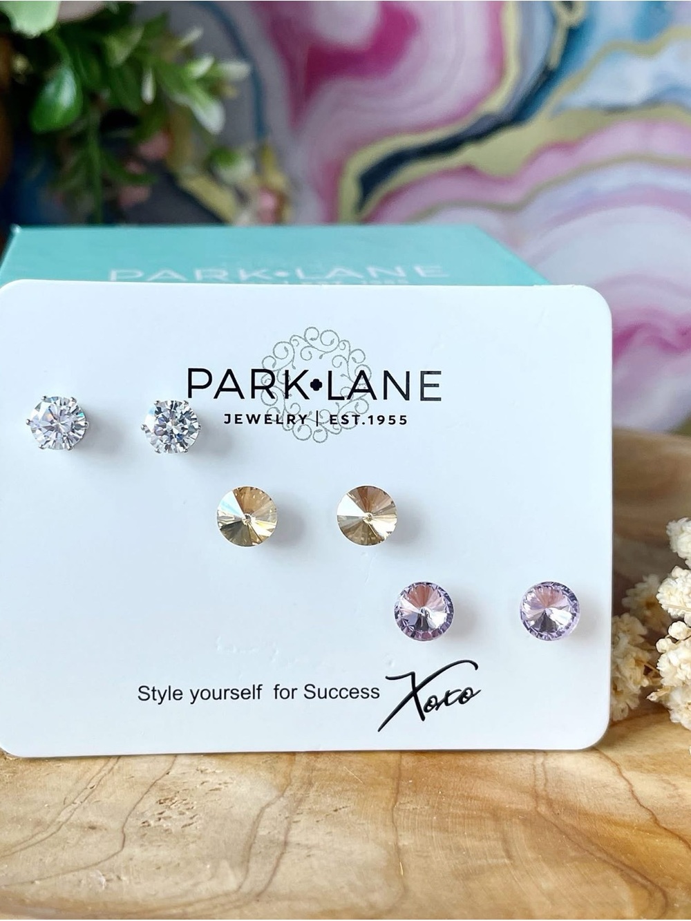 Park Lane LOLA Three-Pair Crystal Stud Set — Clear, Champagne, and Lilac, NWT